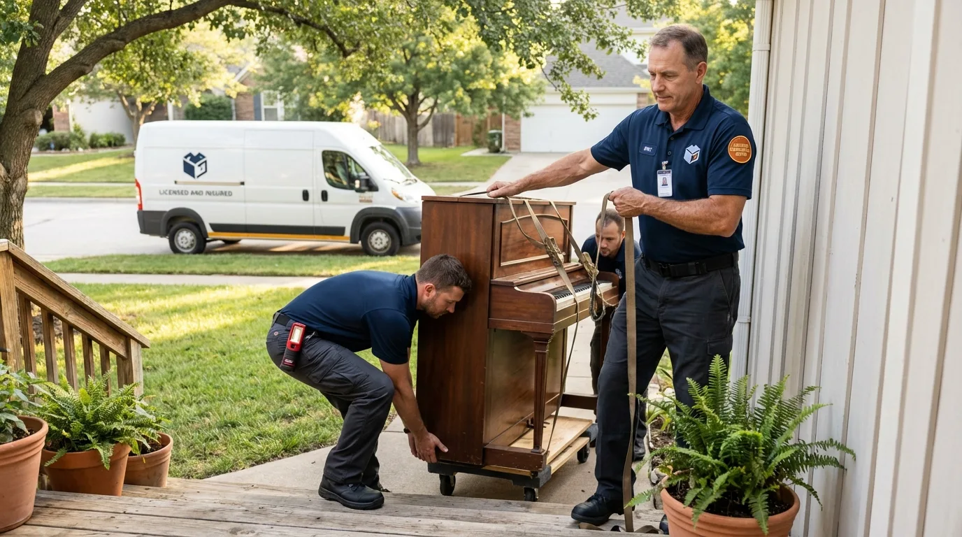 Licensed piano movers securing grand piano in Franklin, MI