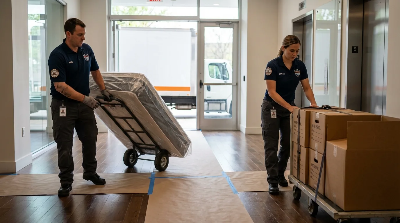 Professional apartment movers loading elevator in Franklin, MI